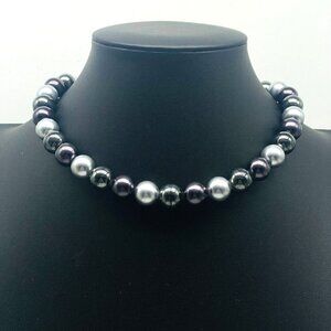 Metal Bead Necklace Shades of Grey Silver Tone Rhinestone Closure Glam Bling